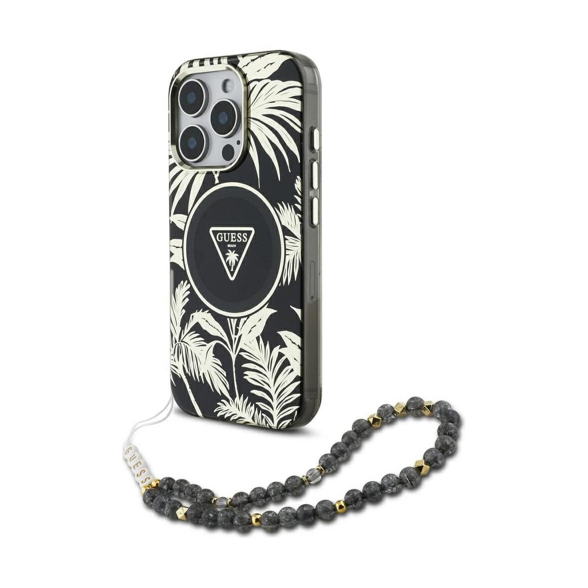 GUESS futerał do IPHONE 16 Pro kompatybilny z MagSafe GUHMP16LHPCTPLSK (IML Palm Trees Triangle W/ Pearl Strap) czarny