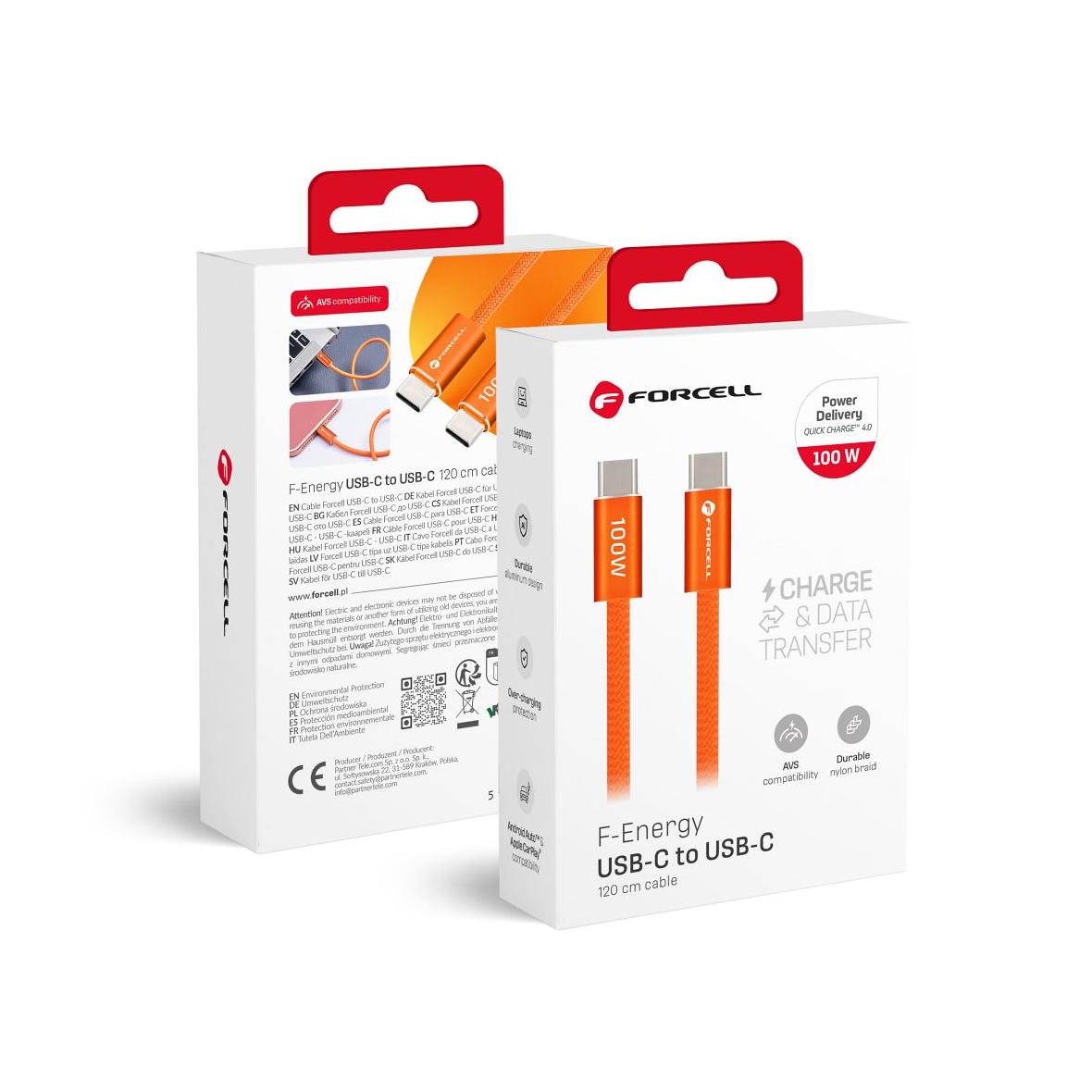 Kabel USB C do USB C Forcell F-Energy QC4.0 PD 5A 100W Cafule Flat 1,2 m CCFN23 pomarańczowy