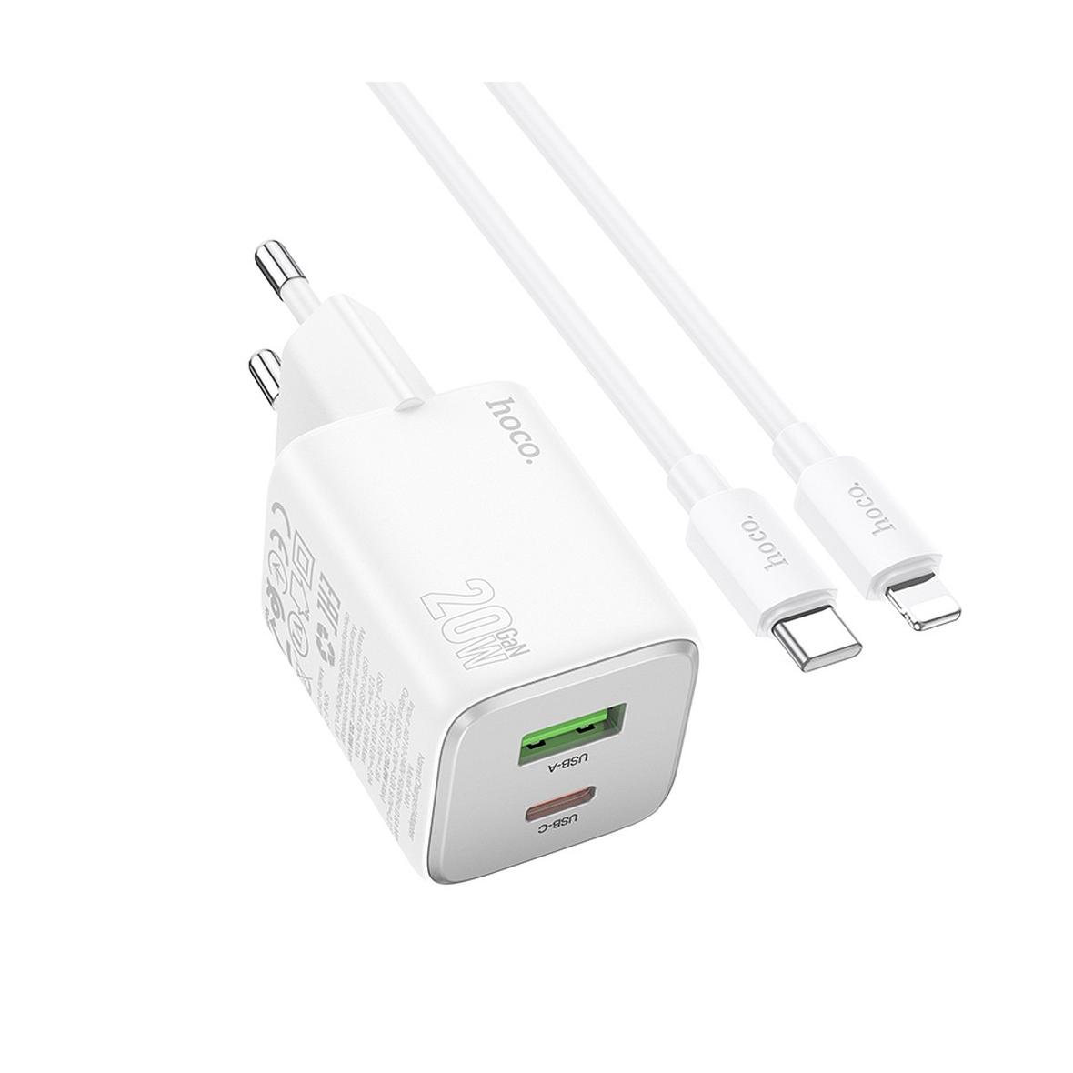 Ładowarka sieciowa do telefonu Hoco USB A + USB C QC PD 3A 20W + kabel USB C do Lightning N41 biała