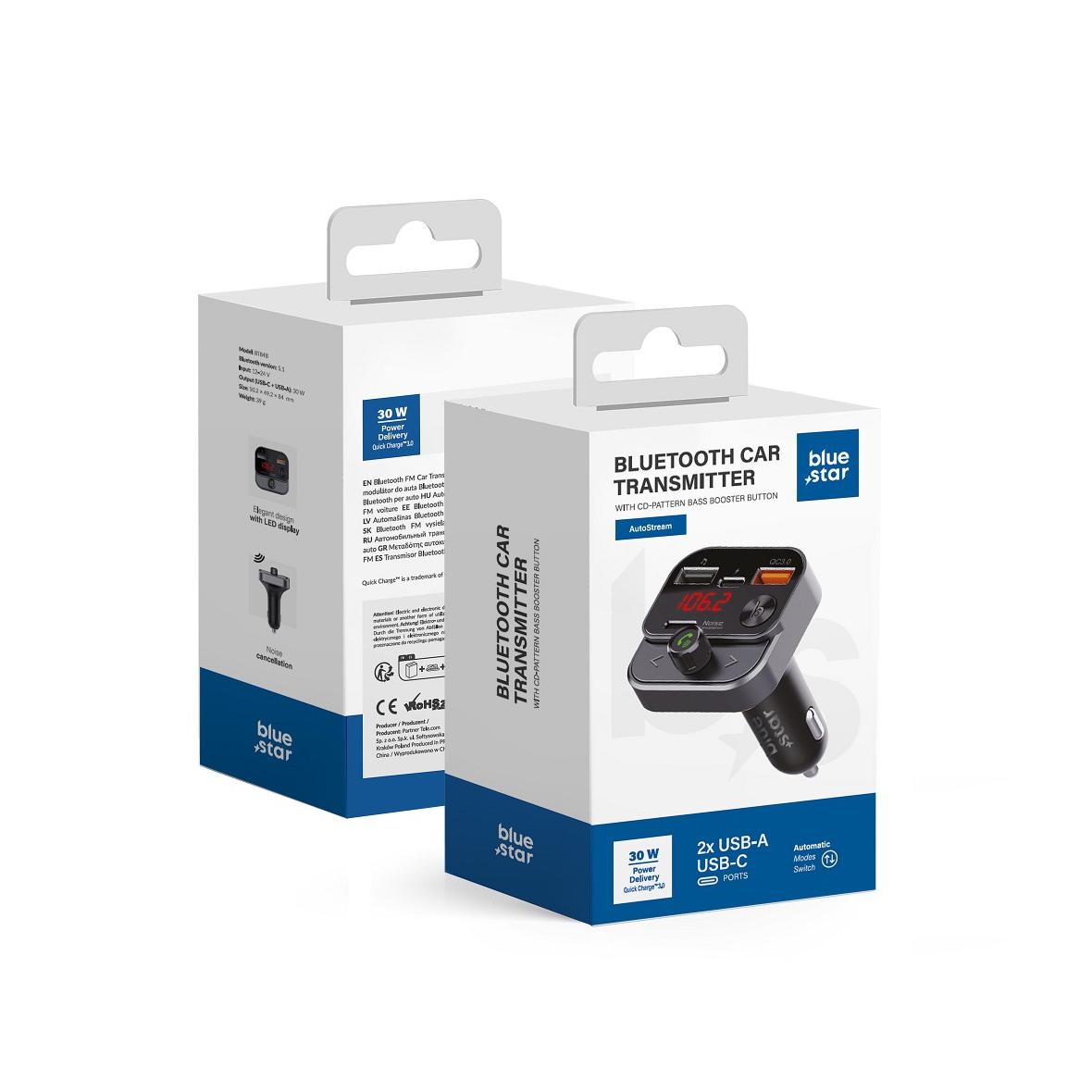 Transmiter samochodowy bluetooth Blue Star AutoStream QC3.0 30W BT84B czarny