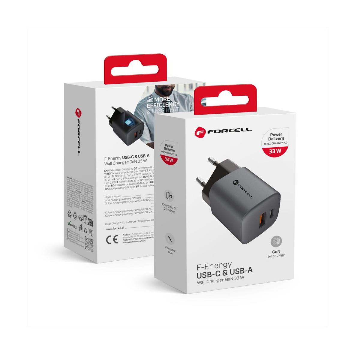 Ładowarka sieciowa do telefonu Forcell F-Energy GaN USB C + USB A QC4.0 PD 3A 33W VT-31 szara