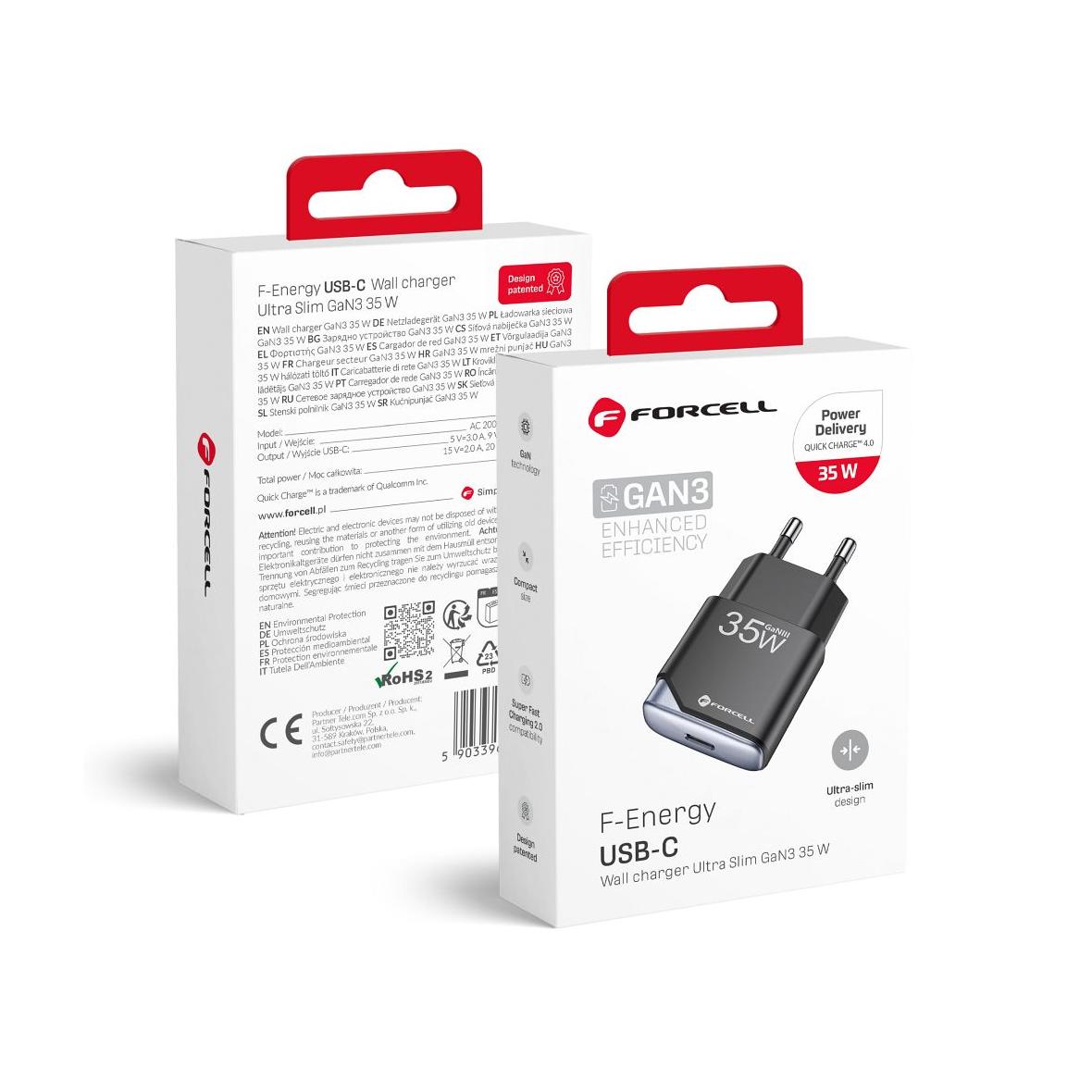Ładowarka sieciowa do telefonu Forcell F-Energy Ultra Slim GaN III USB C PD QC4.0 3A 35W B135101-E czarna