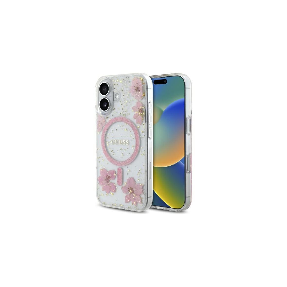 GUESS futerał do IPHONE 16 kompatybilny z MagSafe GUHMP16SRBFGFGMP (Resin Flowers and Glitter) pink