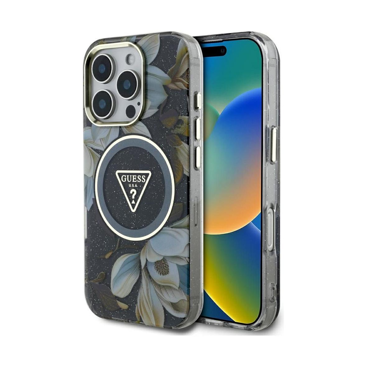 GUESS futerał do IPHONE 16 Pro kompatybyliny z MagSafe GUHMP16LHFLPEDK (IML Metal Glitter Flowers Triangle) czarny