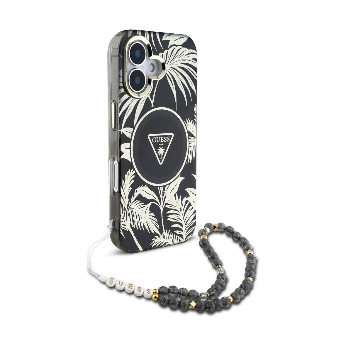GUESS futerał do IPHONE 16 kompatybilny z MagSafe GUHMP16SHPCTPLSK (IML Palm Trees Triangle W/ Pearl Strap) czarny