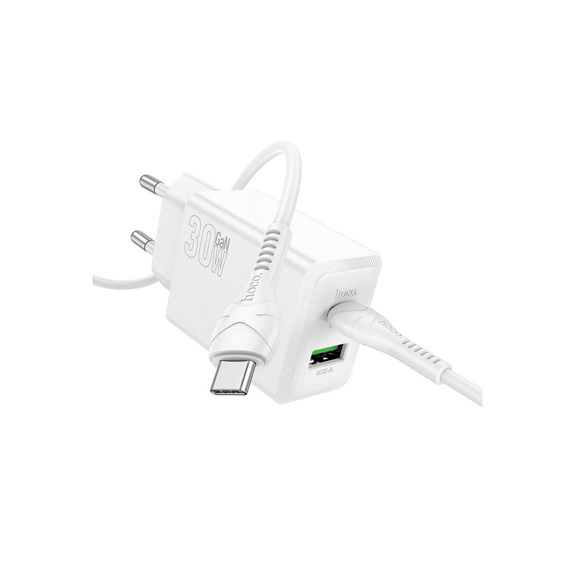 Ładowarka sieciowa do telefonu Hoco USB A + USB C QC3.0 PS AFC 3A 30W + kabel USB C do USB C N71 biała