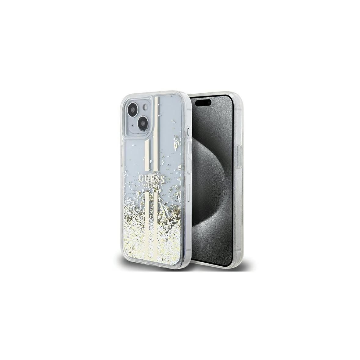 GUESS futerał do IPHONE 15 GUHCP15SLFCSEGT (Liquid Glitter Gold Stripes) transparentny
