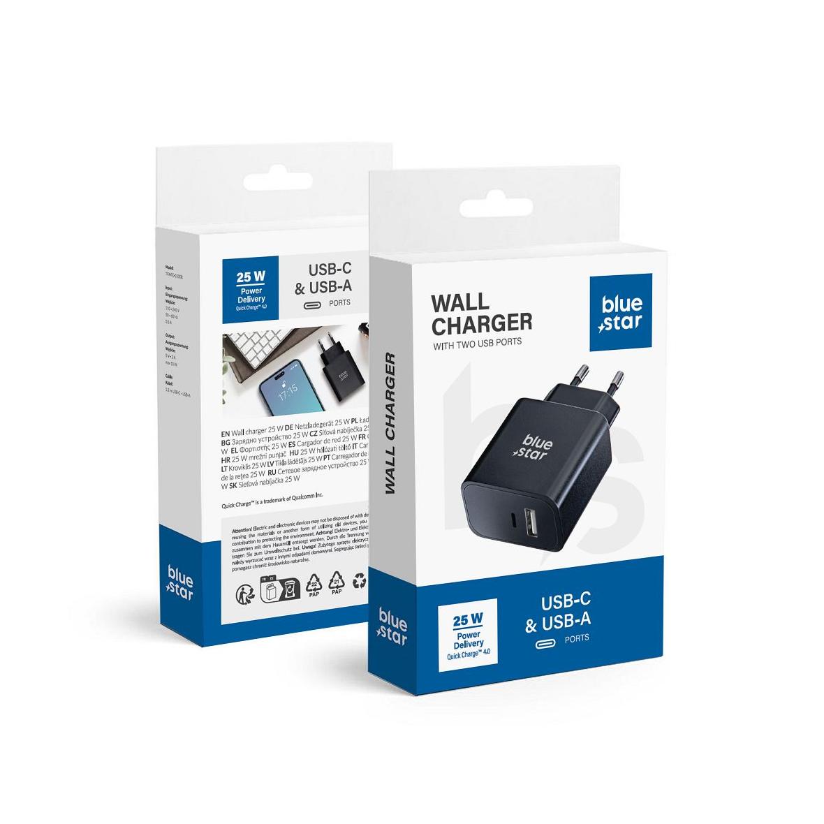 Ładowarka sieciowa do telefonu Blue Star USB C + USB A QC4.0 PD 3A 25W TFB-TC-25WPD czarna