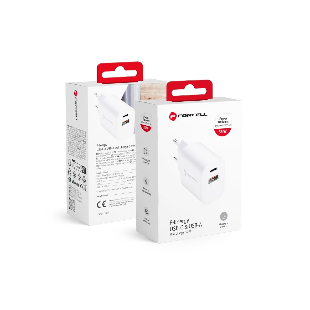 Ładowarka sieciowa do telefonu Forcell F-Energy USB C + USB A QC4.0 PD 3A 35W TFK-TC-35WPD biała