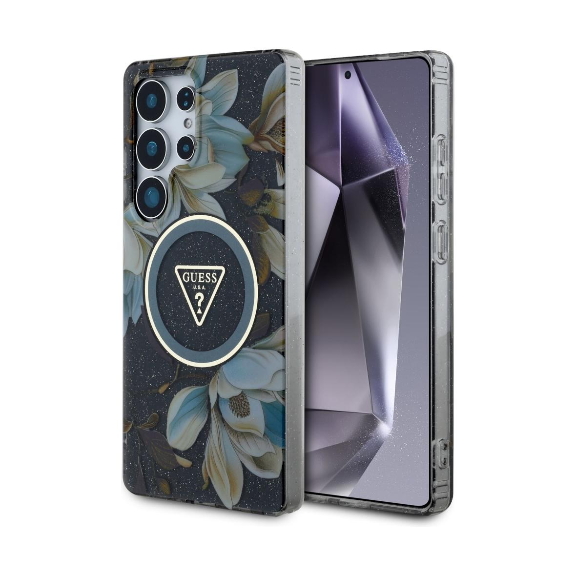 GUESS futerał do SAMSUNG S25 Ultra GUHMS25LHFLPEDK (Magnetic IML Metal Glitter Flowers Triangle) czarny