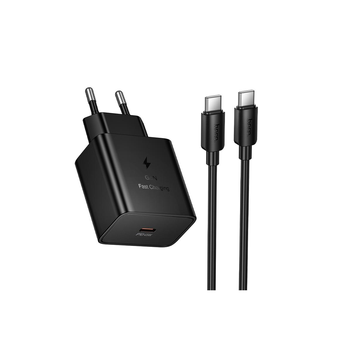 Ładowarka sieciowa do telefonu Hoco USB C QC PD 45W + kabel USB C do USB C N77 czarna