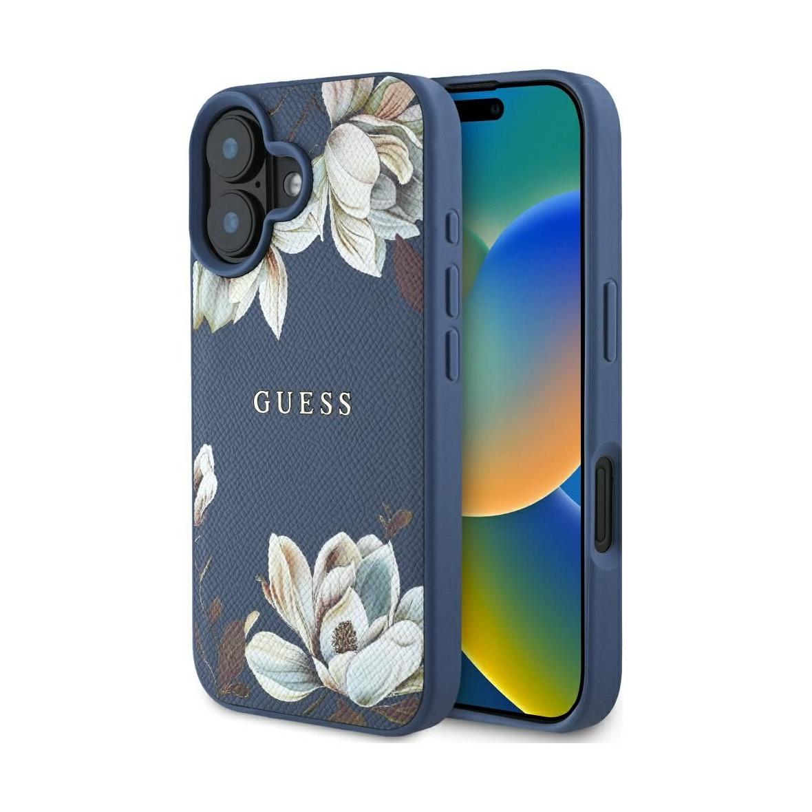 GUESS futerał do IPHONE 16 kompatybilny z MagSafe GUHMP16SPGNMPLMB (PU Grained Flowers Classic Logo) niebieski