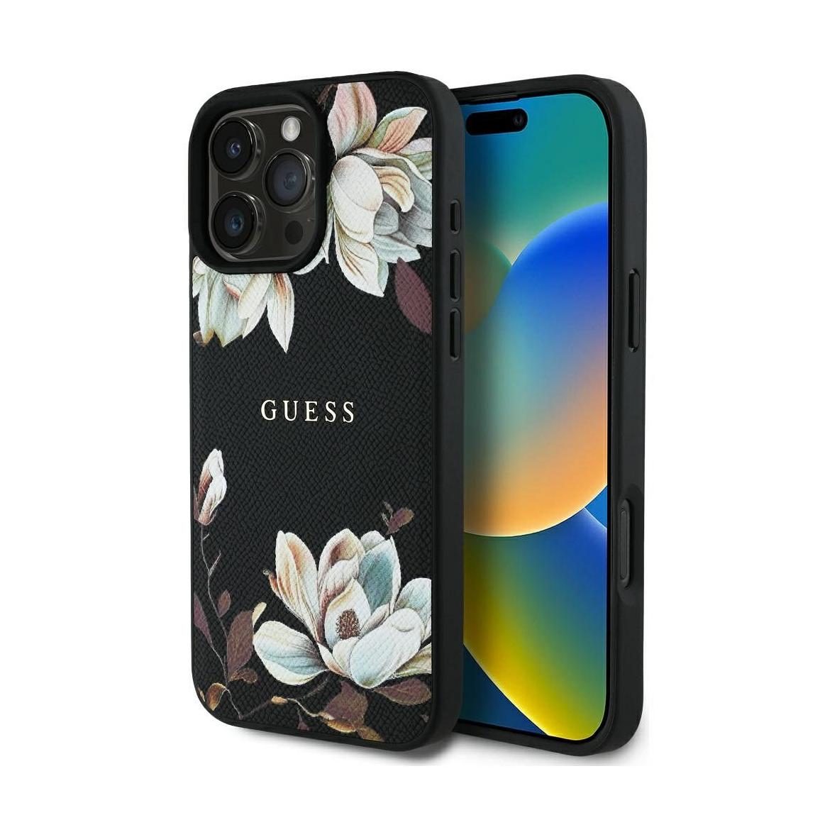 GUESS futerał do IPHONE 16 Pro kompatybilny z MagSafe GUHMP16LPGNMPLMK (PU Grained Flowers Classic Logo) czarny