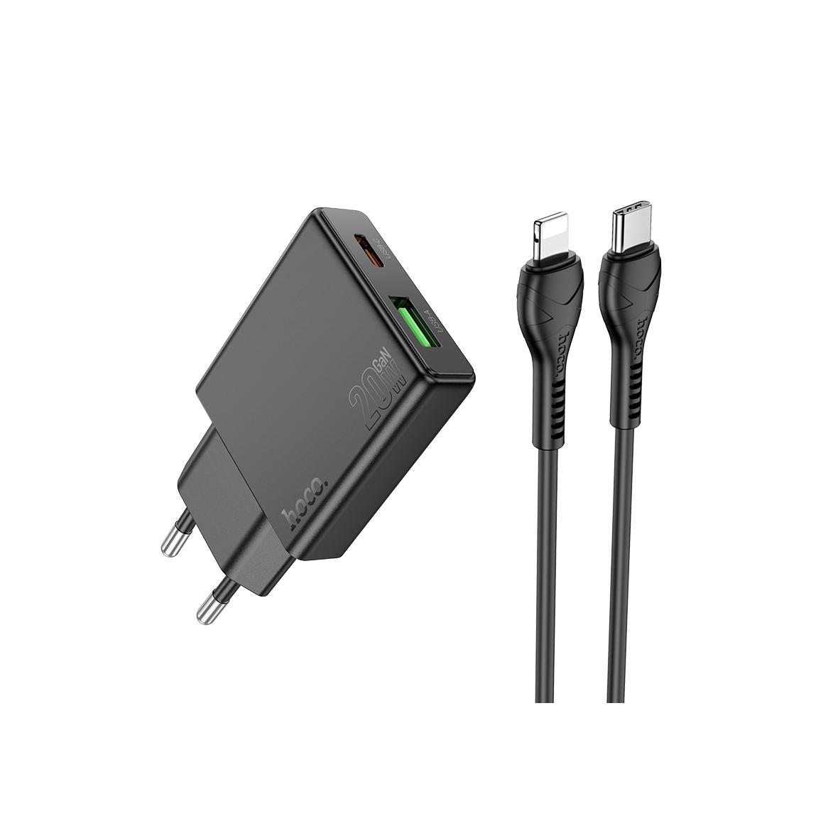Ładowarka sieciowa do telefonu Hoco Slim USB A + USB C QC3.0 PD 3A 20W + kabel USB C do Lightning N38 czarna