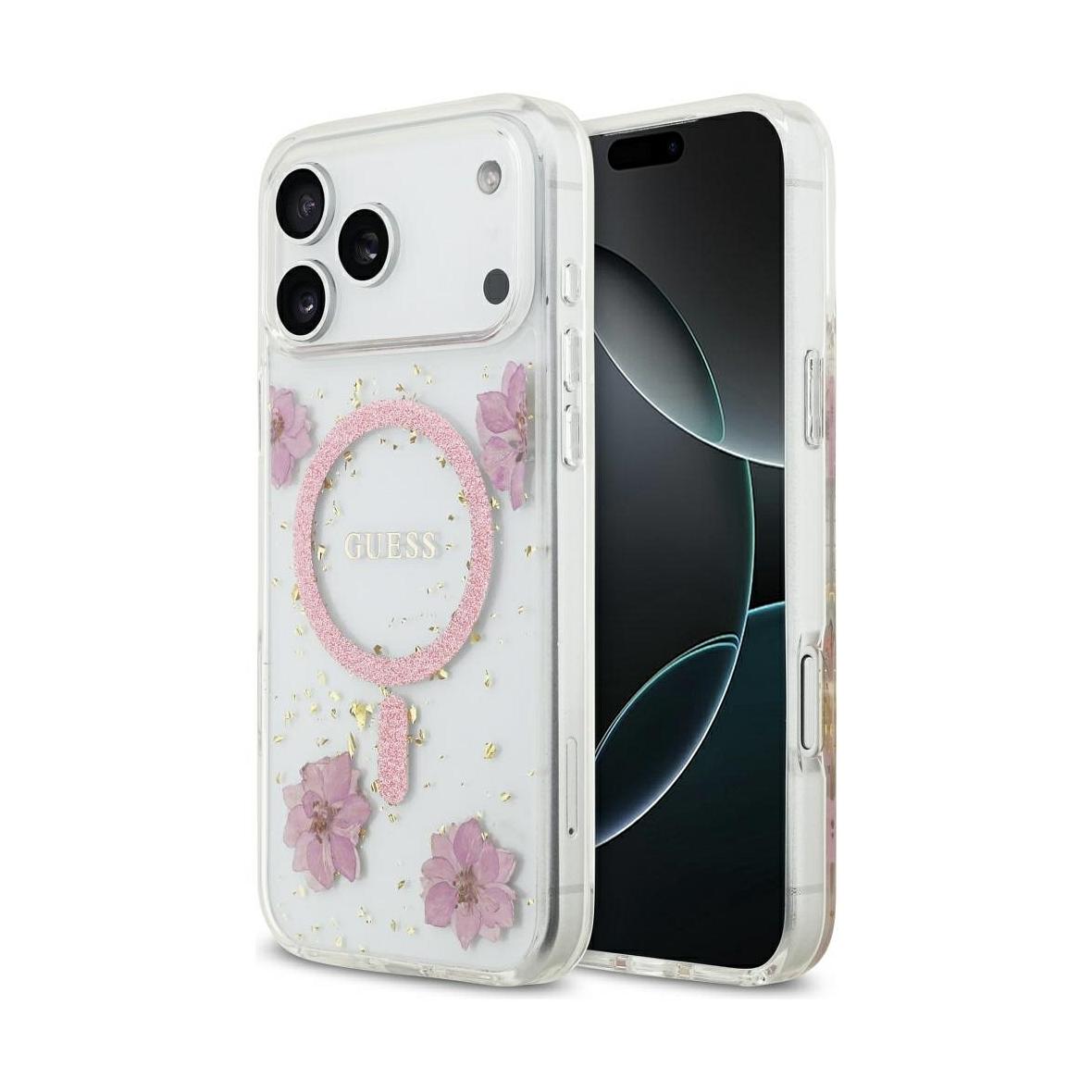 GUESS futerał do IPHONE 17 Pro Max kompatybilny z MagSafe GUHMP17XRBFGFGMP (Resin Flowers and Glitter) różowy