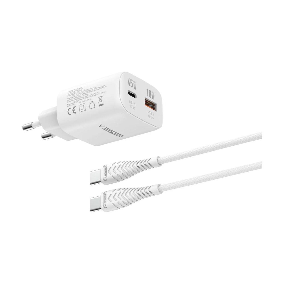Ładowarka sieciowa do telefonu VEGER USB A + Typ C PD Super Charge PPS 45W + kabel Typ C do C 100W TR101 biała
