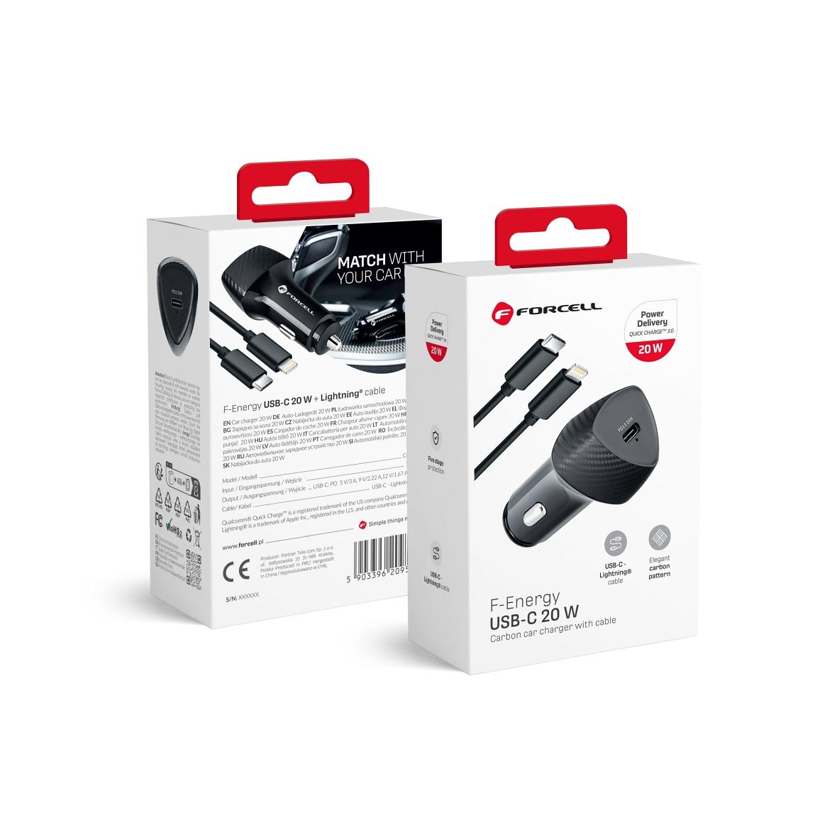 Ładowarka samochodowa Forcell F-Energy Carbon USB C QC3.0 PD 3A 20W + kabel USB C do Lightning CC50-1C czarna