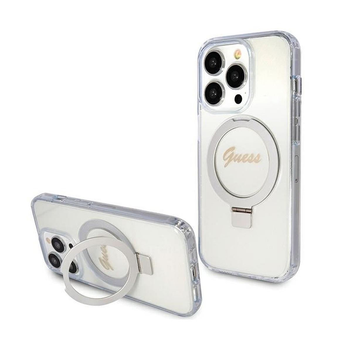 GUESS futerał do IPHONE 15 Pro kompatybilny z MagSafe GUHMP15LHRSGSD (Glitter Script Logo Ring stand) transparentny