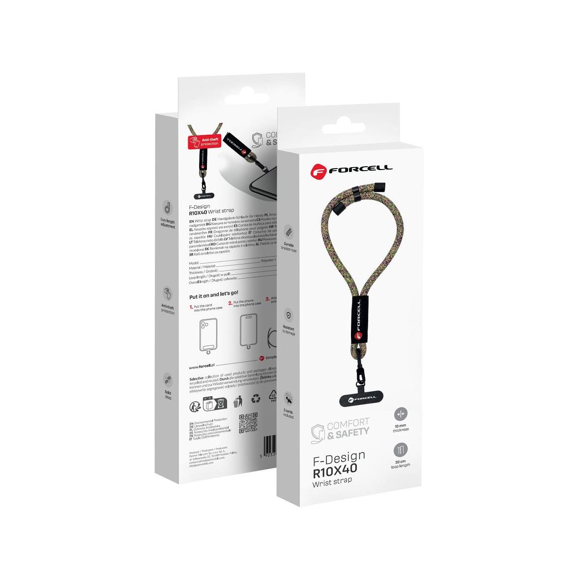 Smycz do telefonu na nadgarstek z regulacją długości Forcell F-Design R10X40 (max 20cm w pętli) zielono różowo fioletowa