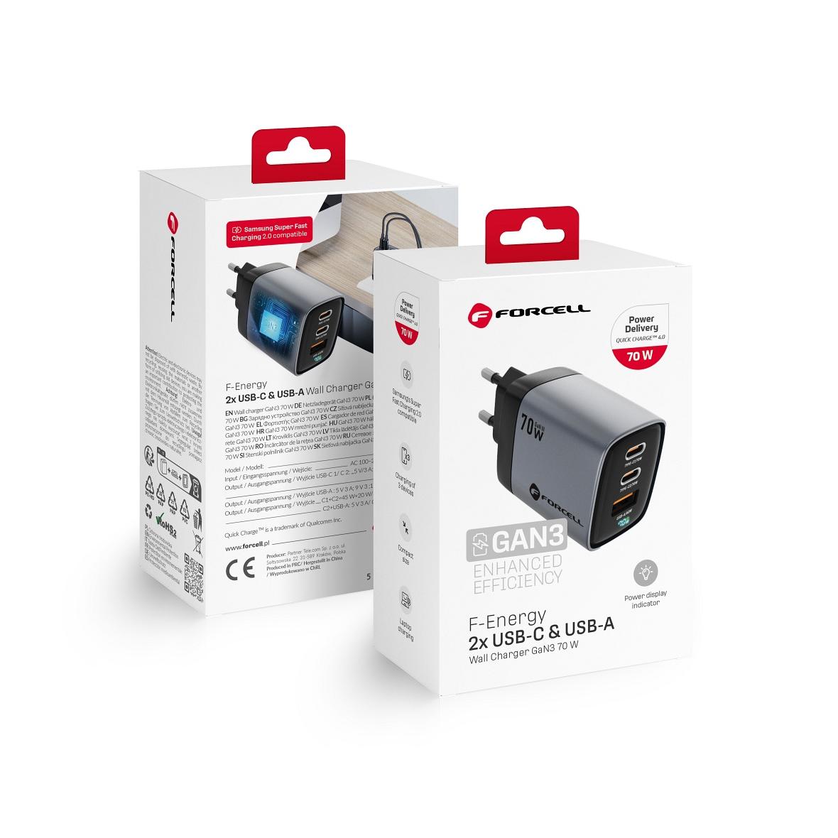 Ładowarka sieciowa do telefonu Forcell F-Energy GaN III 2 x USB C + USB A QC4.0 3,45A PD 70W SAM SFC2.0 z wyświetlaczem LCD VT-37 szara