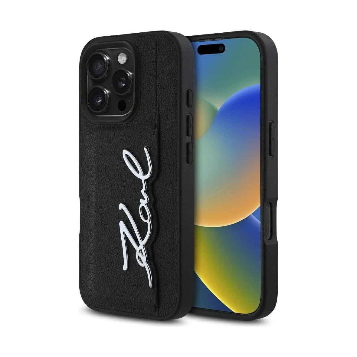 KARL LAGERFELD futerał do IPHONE 16 Pro KLHCP16LPGPVKSK (Grained PU Cardslot Metal Signature) czarny