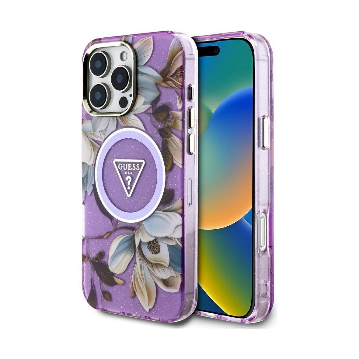 GUESS futerał do IPHONE 16 Pro Max kompatybyliny z MagSafe GUHMP16XHFLPEDU (IML Metal Glitter Flowers Triangle) fioletowy