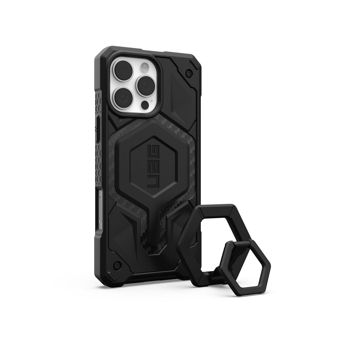 UAG Urban Armor Gear futerał MONARCH PRO kompatybilny z MagSafe oraz podstawka Magnetic Ring Stand do IPHONE 16 Pro Max carbon fiber / black
