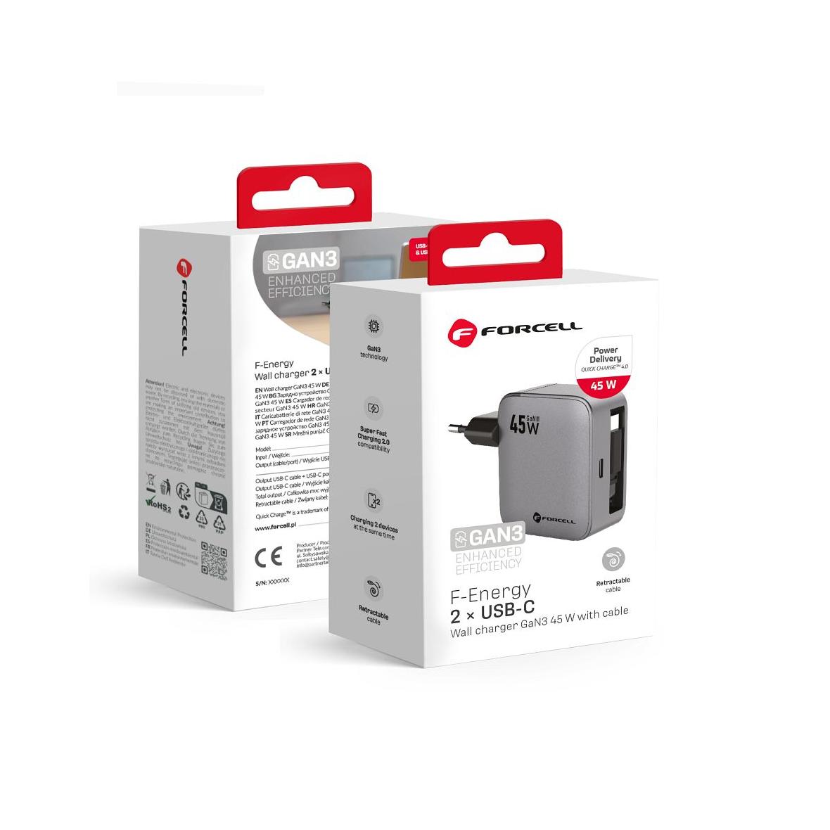 Ładowarka sieciowa do telefonu Forcell F-Energy GaN USB C + zwijany kabel USB C PD QC4.0 3A 45W VT-R5 szara