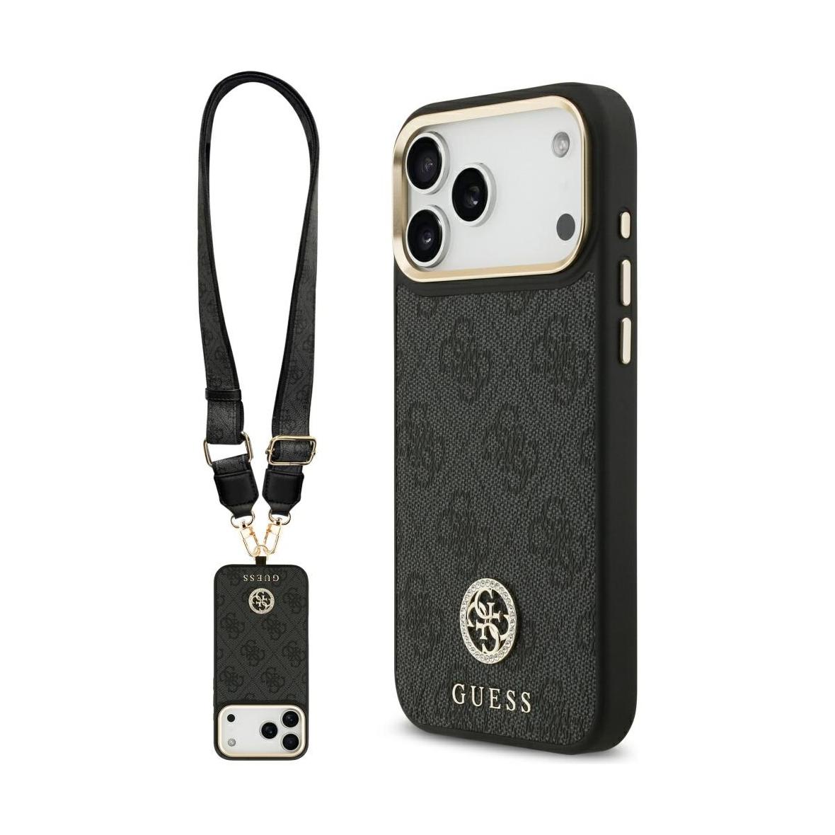GUESS futerał do IPHONE 17 Pro Max kompatybilny z MagSafe GUHMP17XP4G4DCSK (PU W/ Strass Logo & Big Strap Metal Buttons) czarny