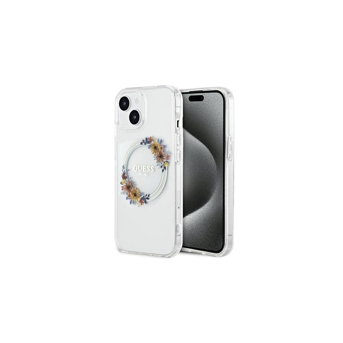 GUESS futerał do IPHONE 15 kompatybilny z MagSafe GUHMP15SHFWFCT (Flowers Wreath) transparentny