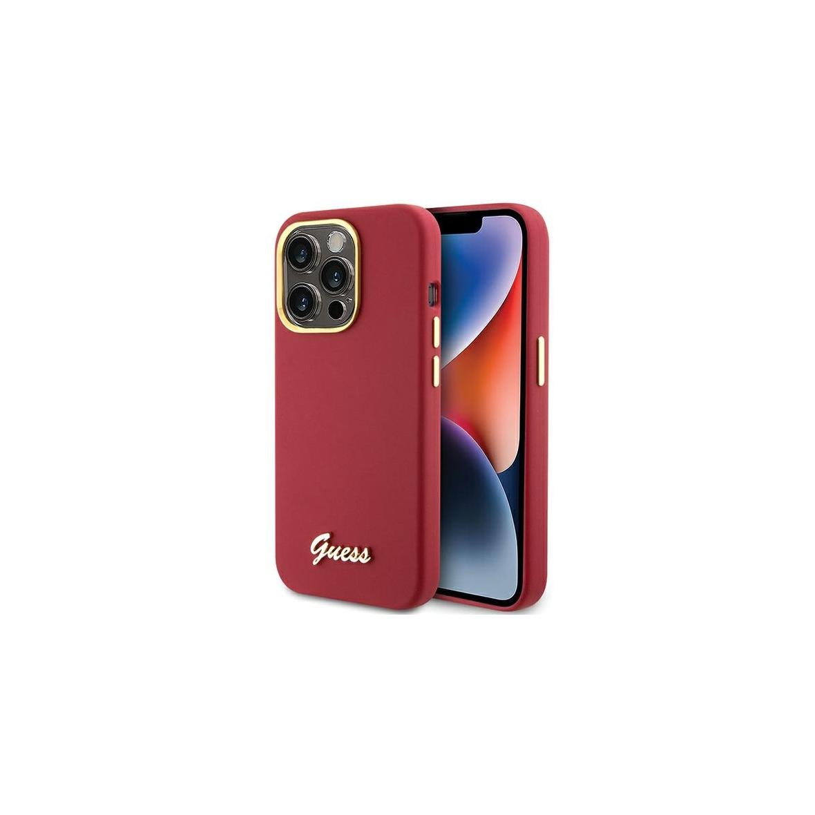 GUESS futerał do IPHONE 15 Pro GUHCP15LSMBSLM (Silicone Script Metal Logo & Frame) magenta