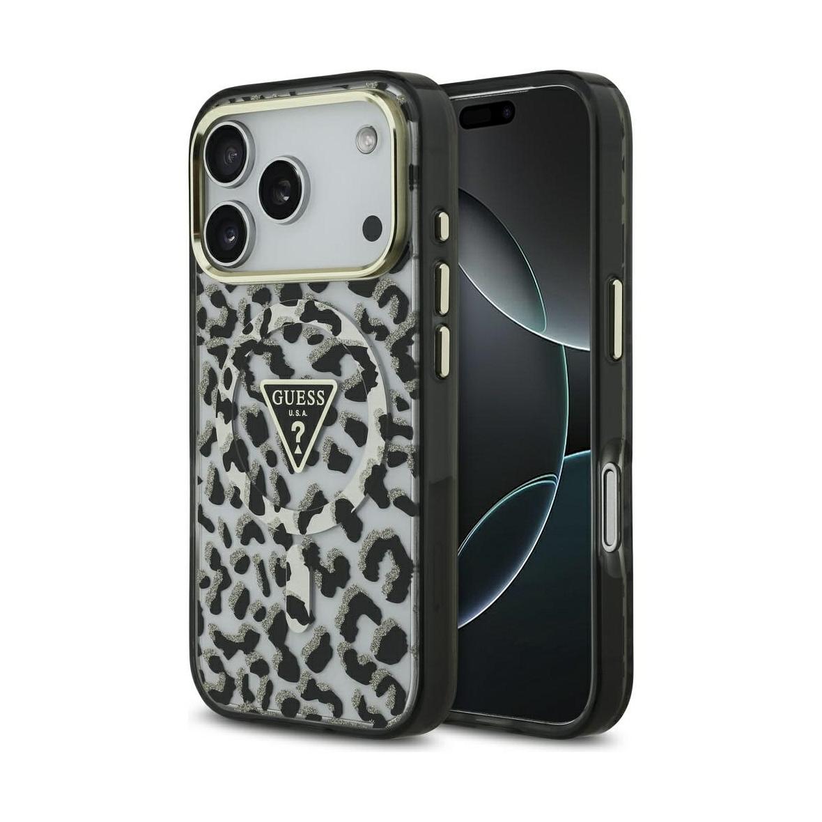 GUESS futerał do IPHONE 17 Pro Max kompatybilny z MagSafe GUHMP17XHLEGTGLK (PC TPU W/ Leopard Glitter) czarny