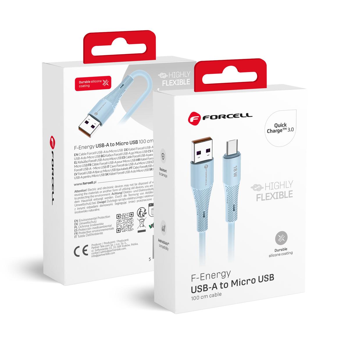 Kabel USB A do Micro USB Forcell F-Energy QC3.0 2,4A 18W Silicone 1 m C341 niebieski