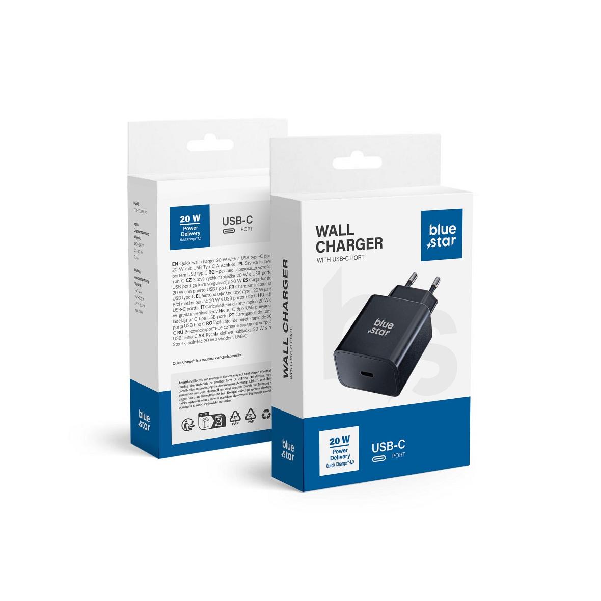 Ładowarka sieciowa do telefonu Blue Star USB C QC4.0 PD 3A 20W TFB-TC-20WPD czarna