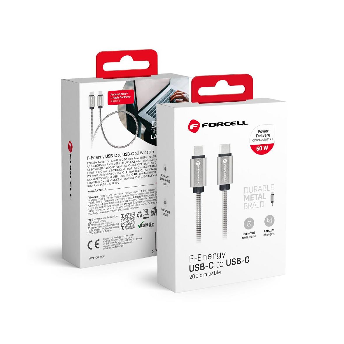 Kabel USB C do USB C Forcell F-Energy QC4.0 PD 3A 66W Metal 2 m C237 srebrny