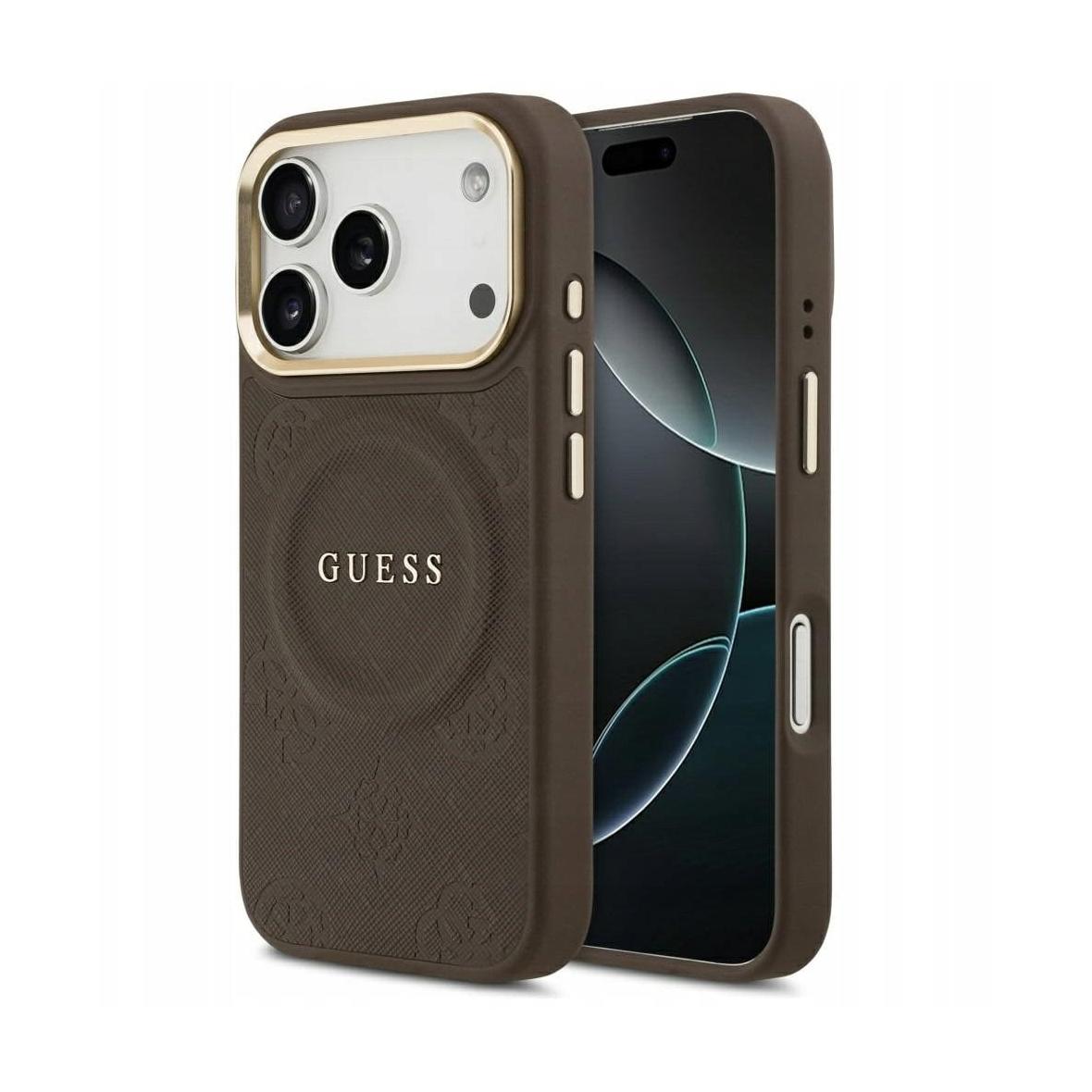 GUESS futerał do IPHONE 17 Pro kompatybilny z MagSafe GUHMP17LPSAMSECW (PU W/ Peony Hot Stamp) brązowy