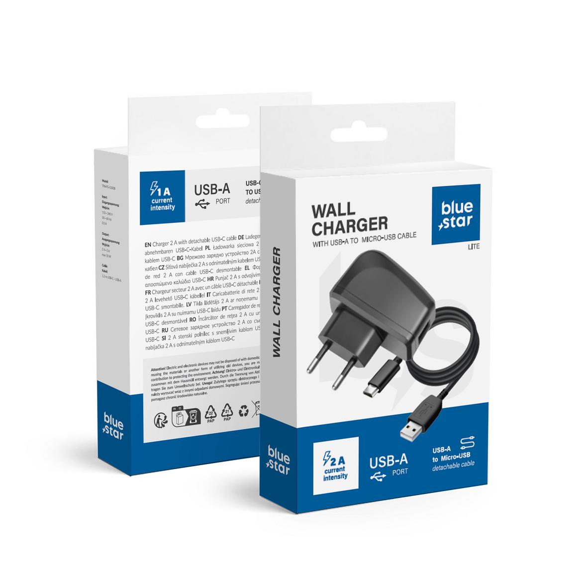 Ładowarka sieciowa do telefonu Blue Star Lite USB A 1A 5W + kabel USB A do Micro USB TFK-TC-1095B czarna