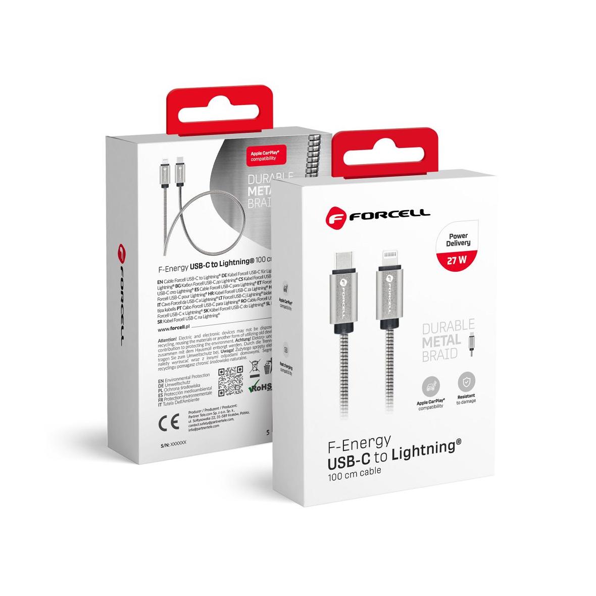 Kabel USB C do Lightning Forcell F-Energy PD 3A 27W Metal 1 m C238 srebrny