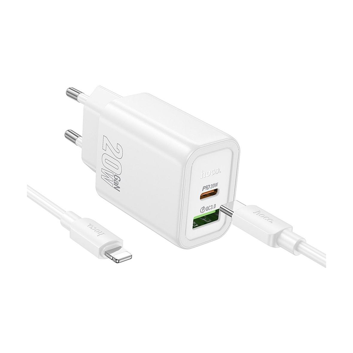 Ładowarka sieciowa do telefonu Hoco USB A + USB C QC3.0 PD 3A 20W + kabel USB C do Lightning N61 biała
