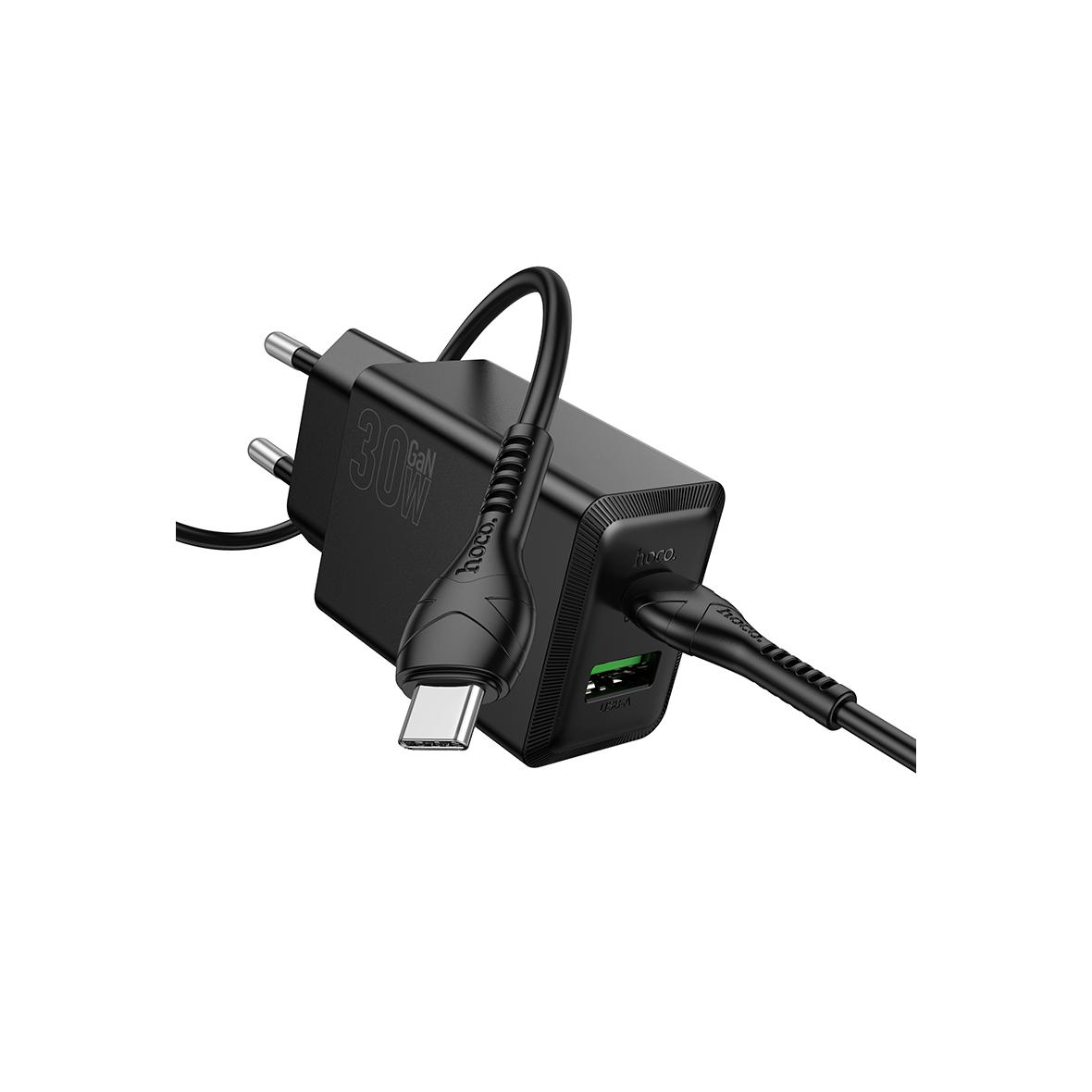 Ładowarka sieciowa do telefonu Hoco USB A + USB C QC3.0 PS AFC 3A 30W + kabel USB C do USB C N71 czarna