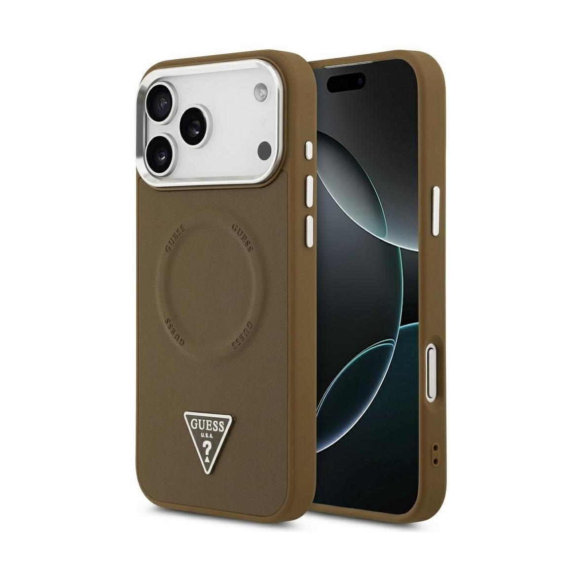 GUESS futerał do IPHONE 17 Pro Max kompatybilny z MagSafe GUHMP17XPSDTSCMW (PU W/ Triangle Logo) brązowy