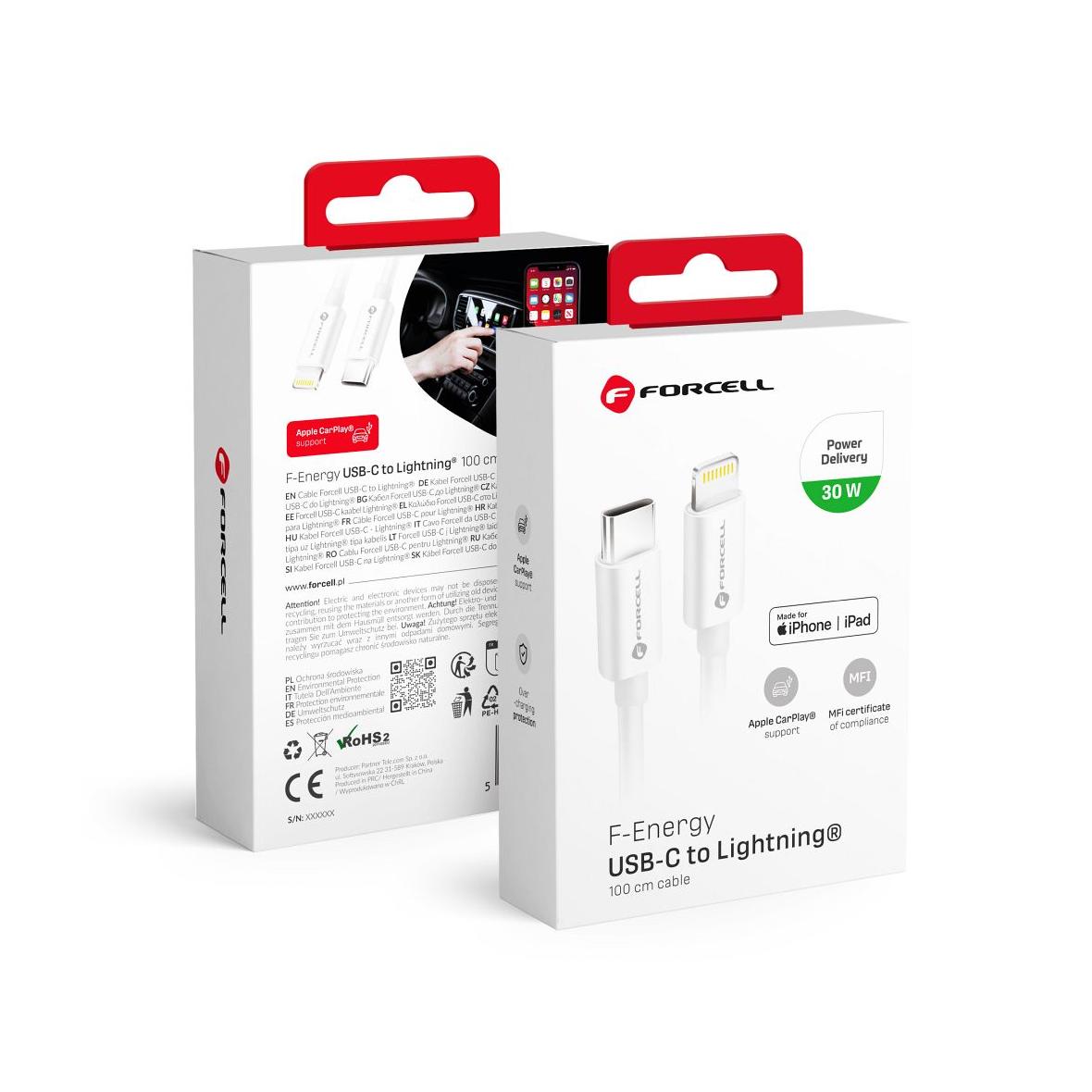 Kabel USB C do Lightning Forcell F-Energy MFi PD 3A 30W 1 m C901 biały
