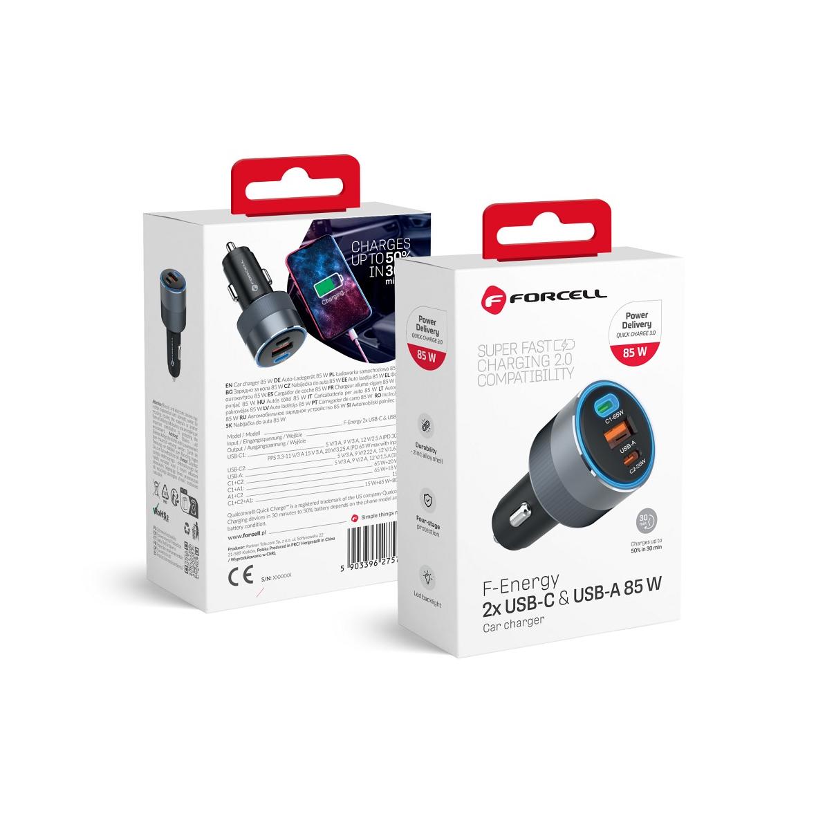 Ładowarka samochodowa Forcell F-Energy Alu 2 x USB C + USB A QC4.0 PD SFC2.0 3A 85W szara