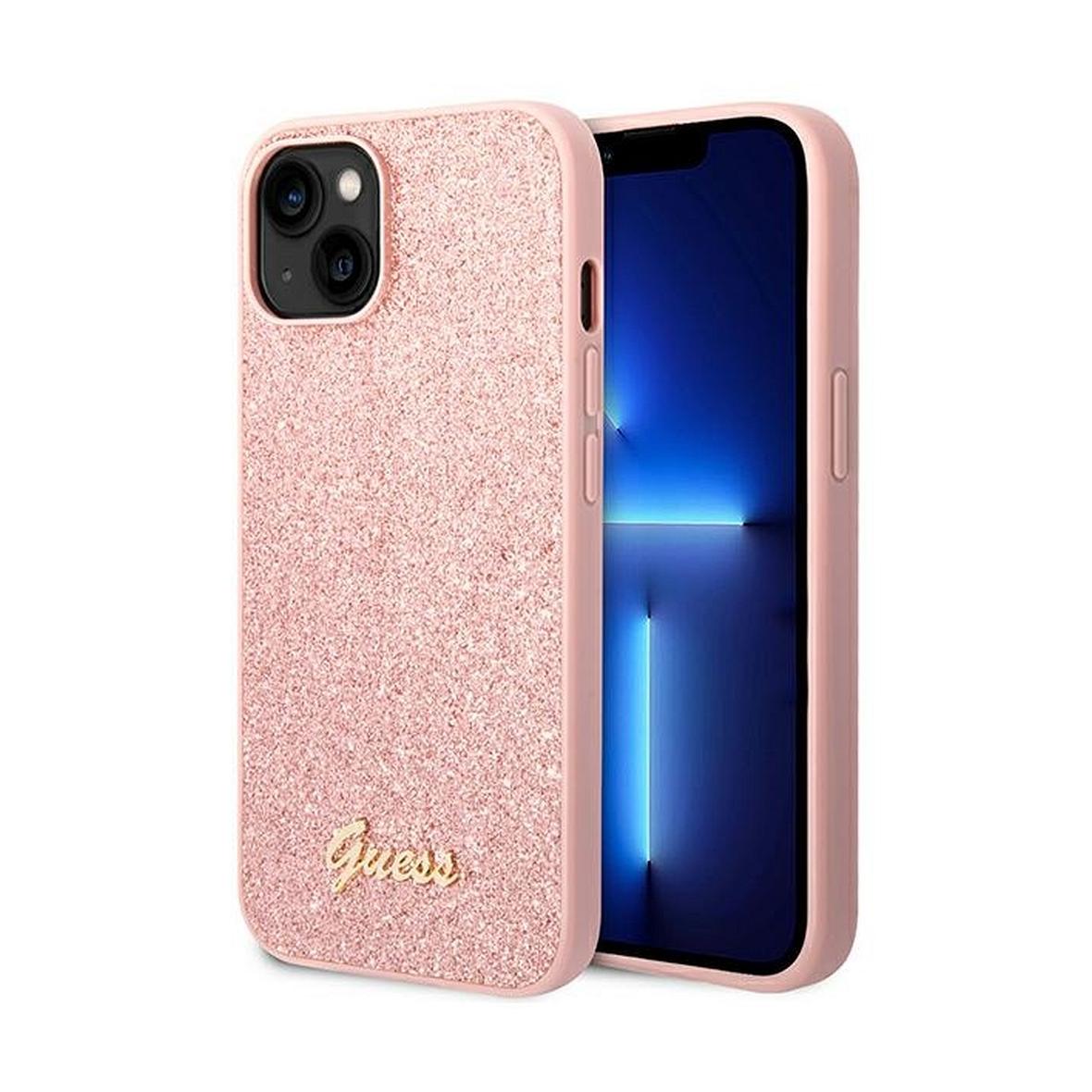 GUESS futerał do IPHONE 14 Plus GUHCP14MHGGSHP (Glitter Flakes Script Metal Logo) różowy