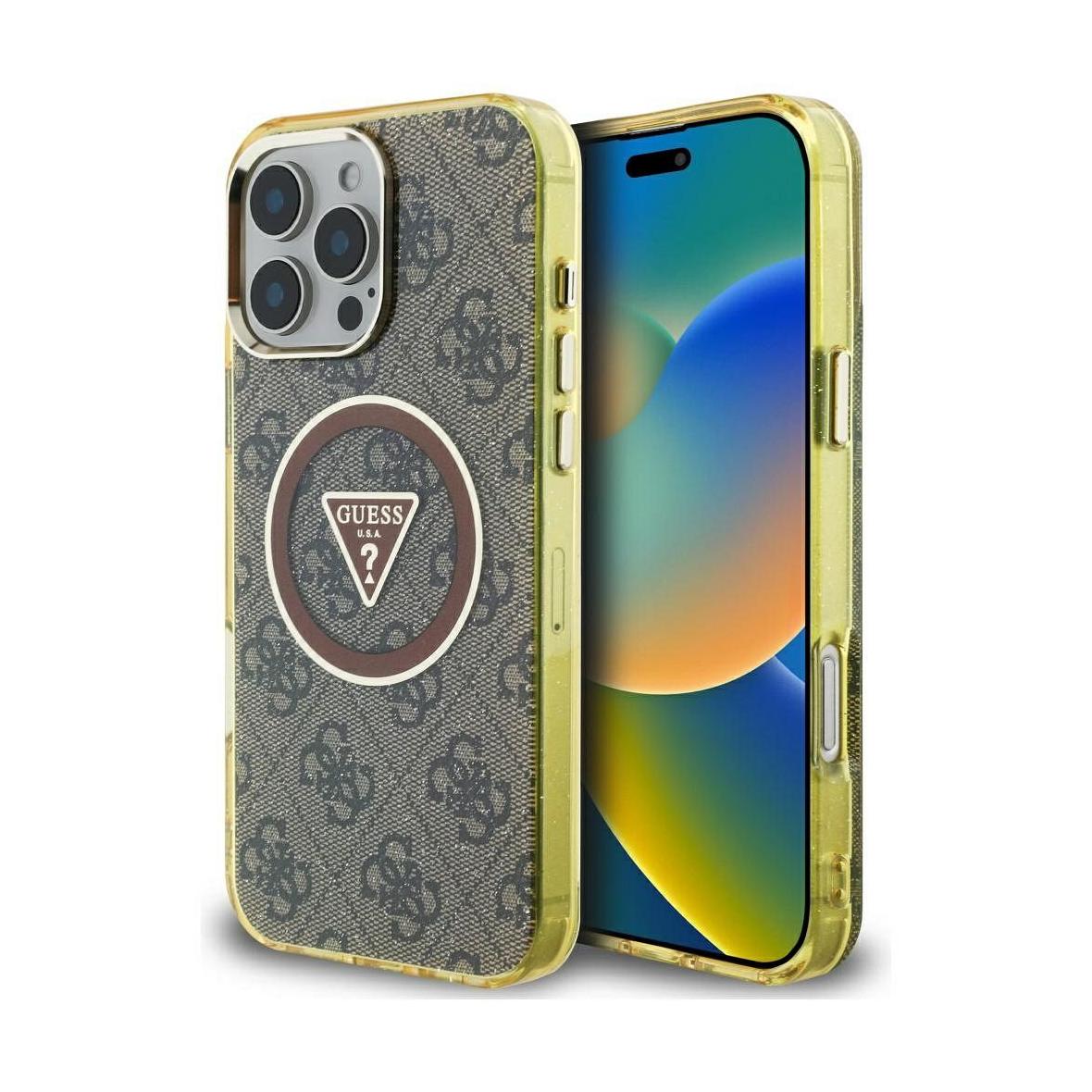 GUESS futerał do IPHONE 16 Pro Max kompatybilny z MagSafe GUHMP16XHG4PRTGW (IML Metal Glitter 4G Circle Triangle) brązowy