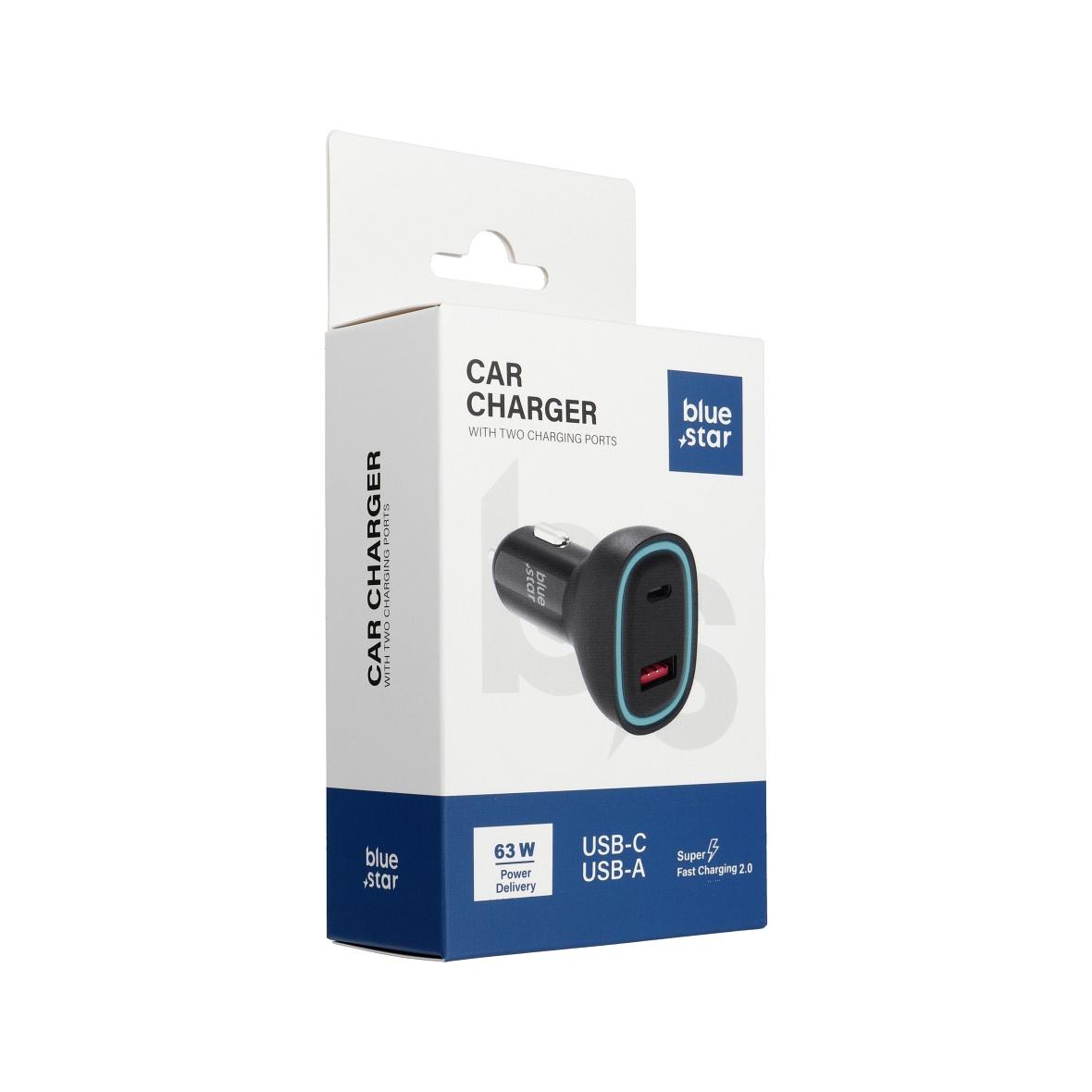 Ładowarka samochodowa Blue Star USB C + USB A QC3.0 PD AFC PPS SFC2.0 3A 63W czarna