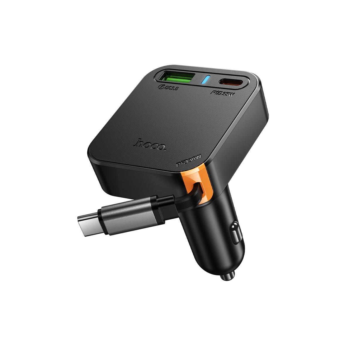 Ładowarka samochodowa Hoco ze zwijanym kablem 2 x USB C + USB A QC PD 65W NZ18 czarna