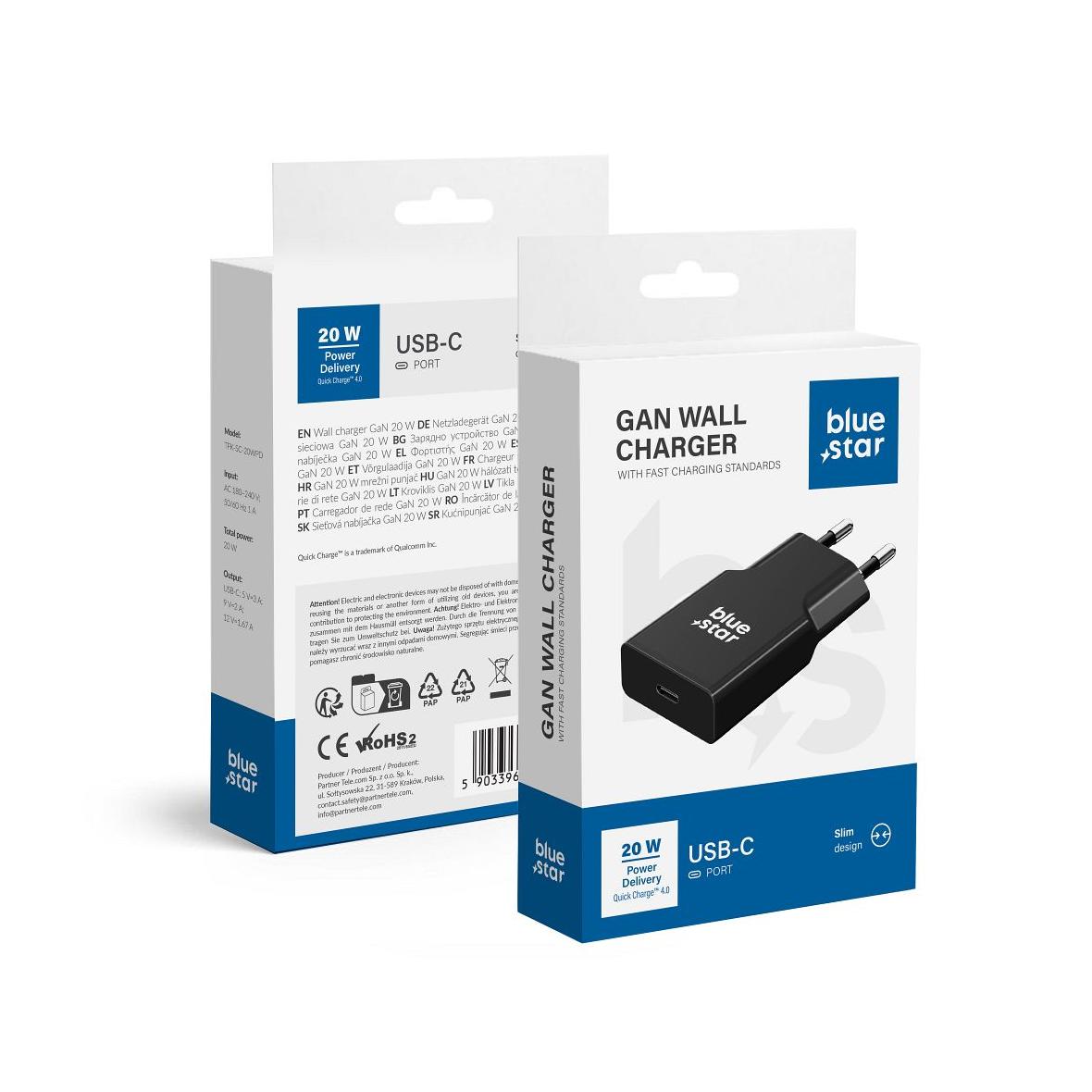Ładowarka sieciowa do telefonu Blue Star Slim GaN USB QC4.0 PD 3A 20W TFK-SC-20WPD czarna