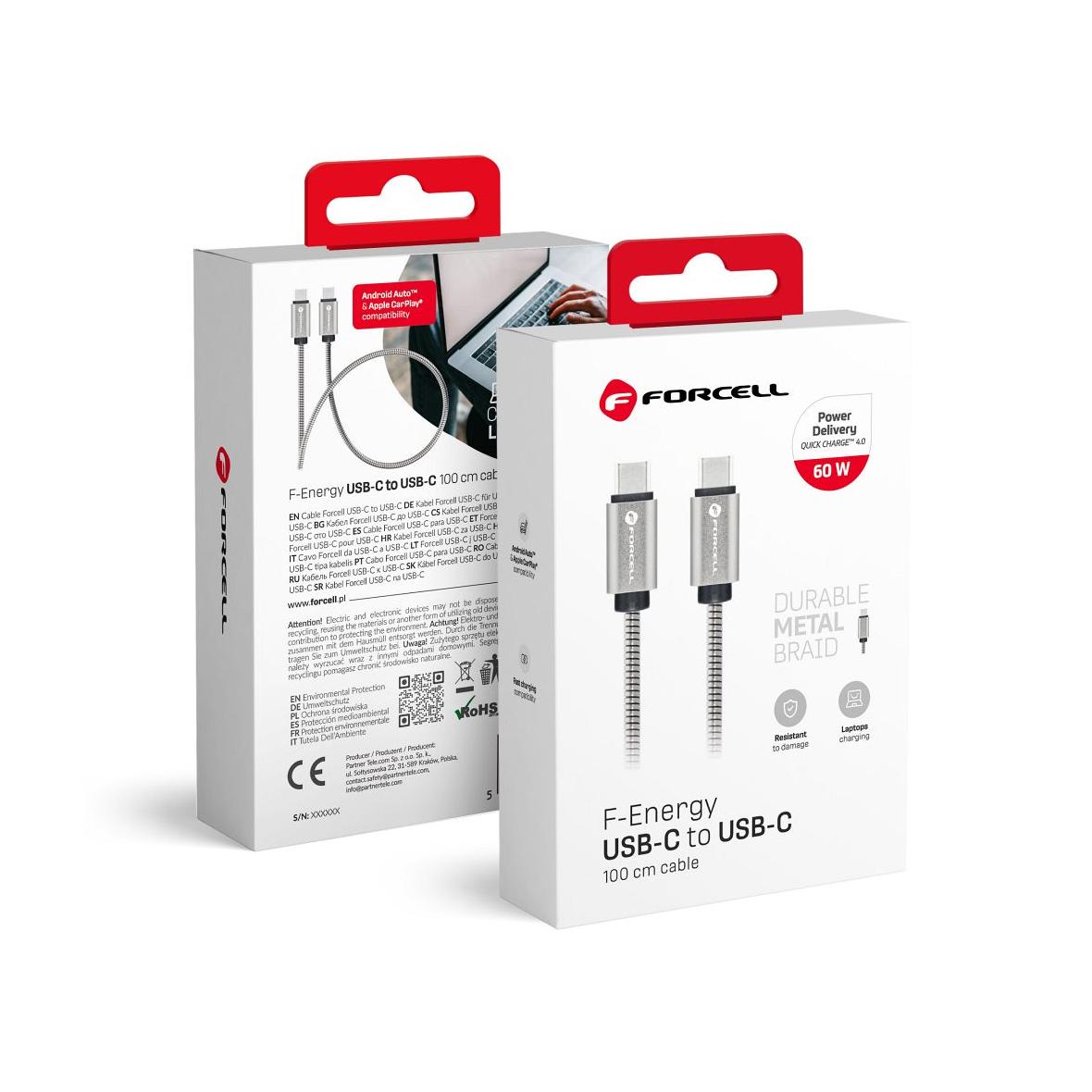 Kabel USB C do USB C Forcell F-Energy QC4.0 PD 3A 60W Metal 1 m C237 srebrny