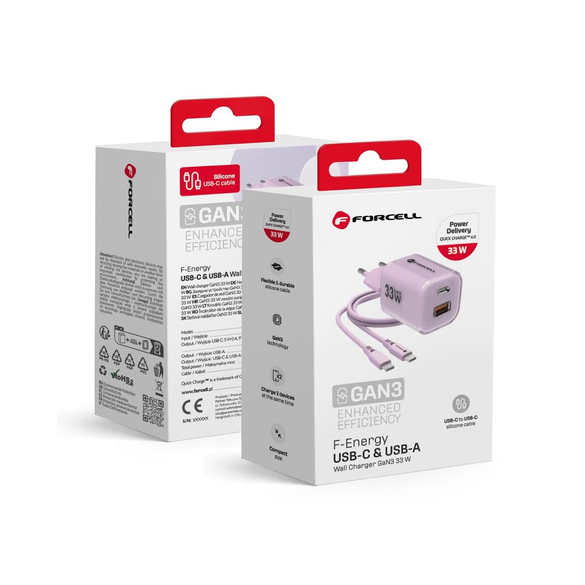 Ładowarka sieciowa do telefonu Forcell F-Energy GaN III Crystal Color USB C + USB A QC4.0 PD 33W + kabel USB C do USB C VT-41 fioletowa 0INT